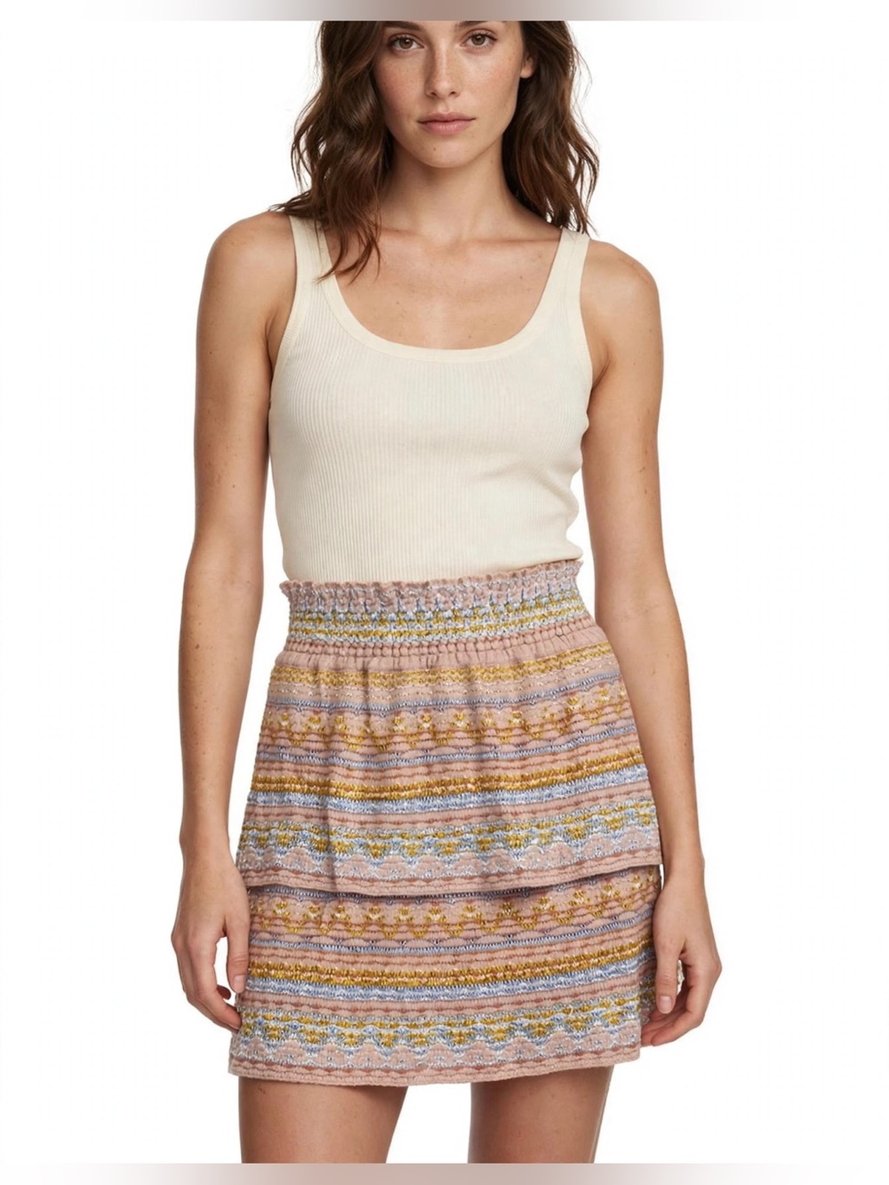 CECILIA PRADO x Anthropologie Embroidered Knit Tiered Mini Skirt Blush L NWT